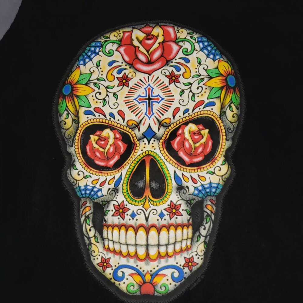 Goth Rockabilly Sugar Skull Tank Top Black Floral Calavera Graphic Shirt Medium